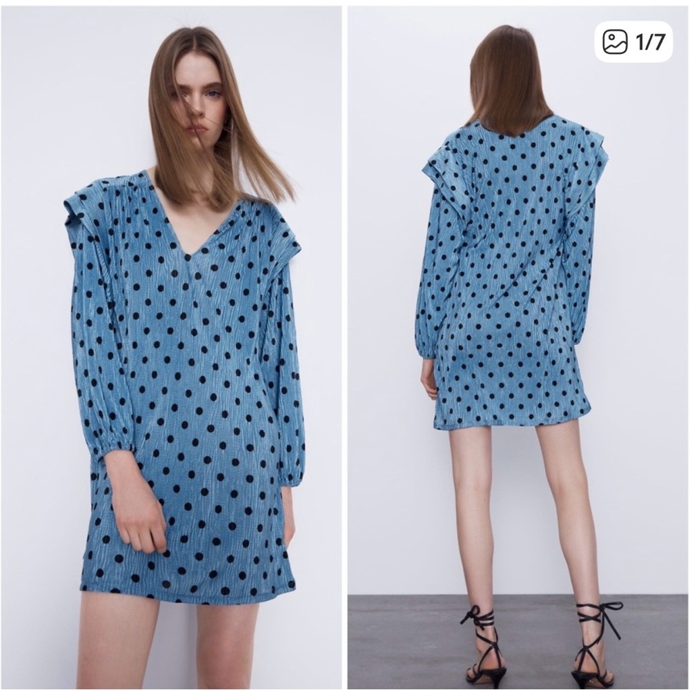 Zara Blue Polka Dot V-Neck Mini Dress